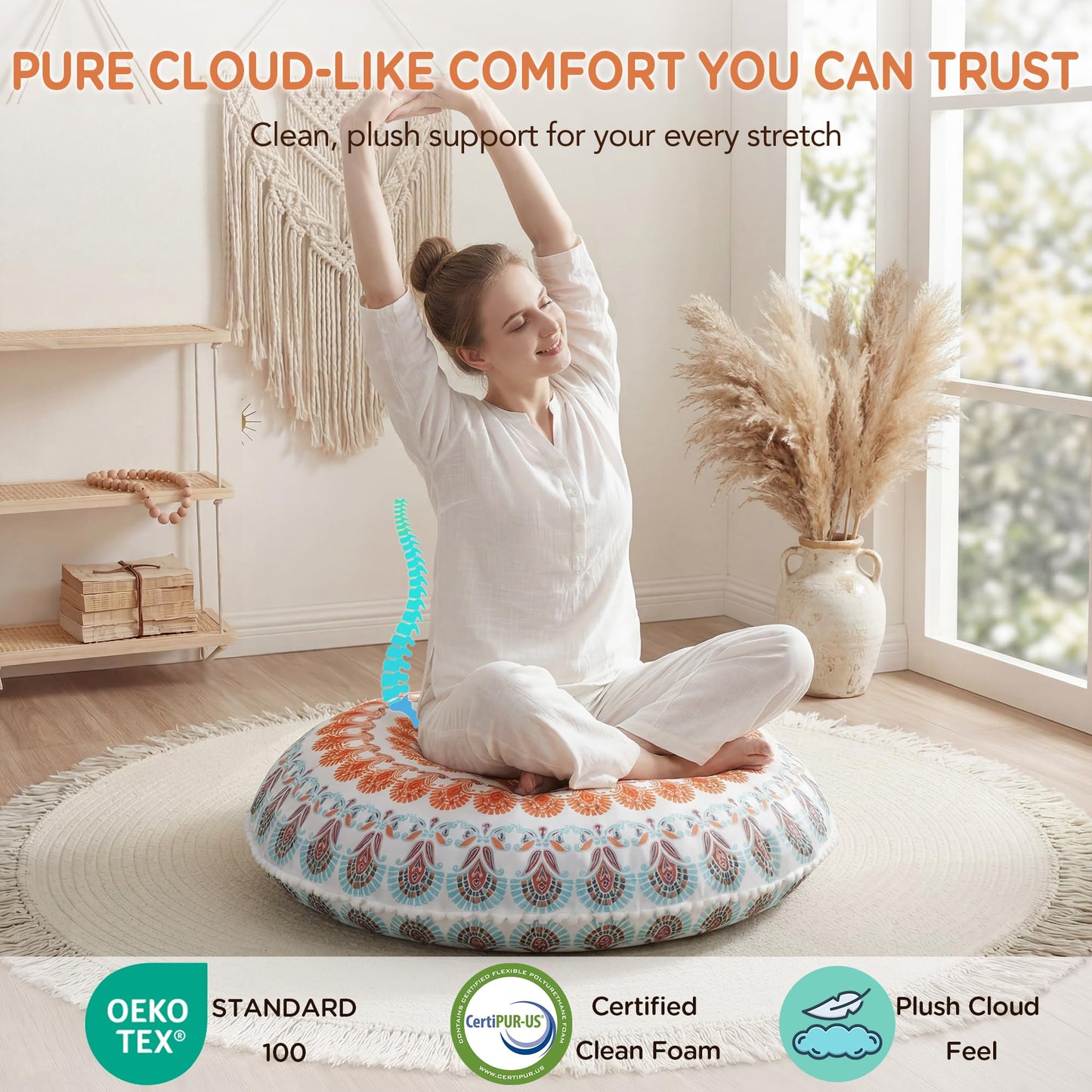 Codi Floor Pillows for Adults Set of 2, Large Boho Meditation Cushions with Memory Foam, Round Mandala Seating for Outdoor Yoga and Living Room, Washable, 32 Inch, Coral