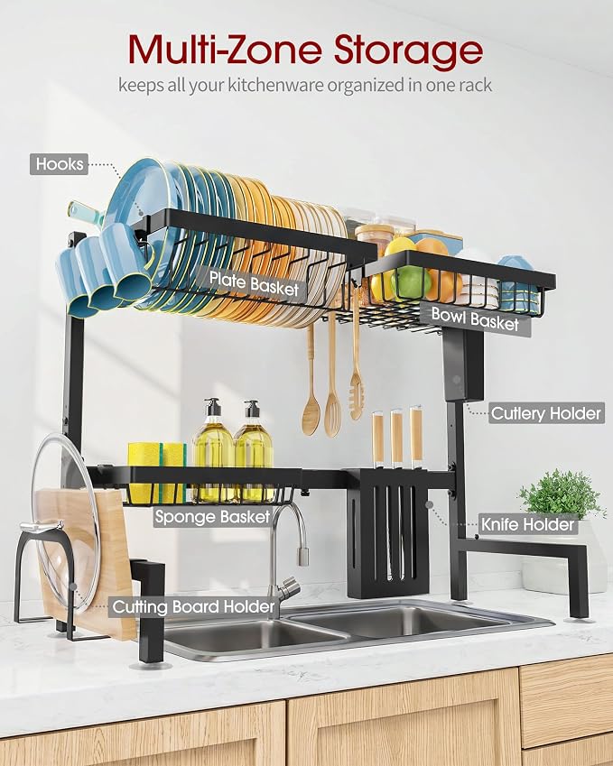 Sakugi Dish Drying Rack - Over the Sink Dish Drainer Drying Rack with Utensil & Knife Holder, Hooks, Stainless Steel Kitchen Organizers and Storage Solution, 11" D x 30.5"~34''W x 21.5" H, Black