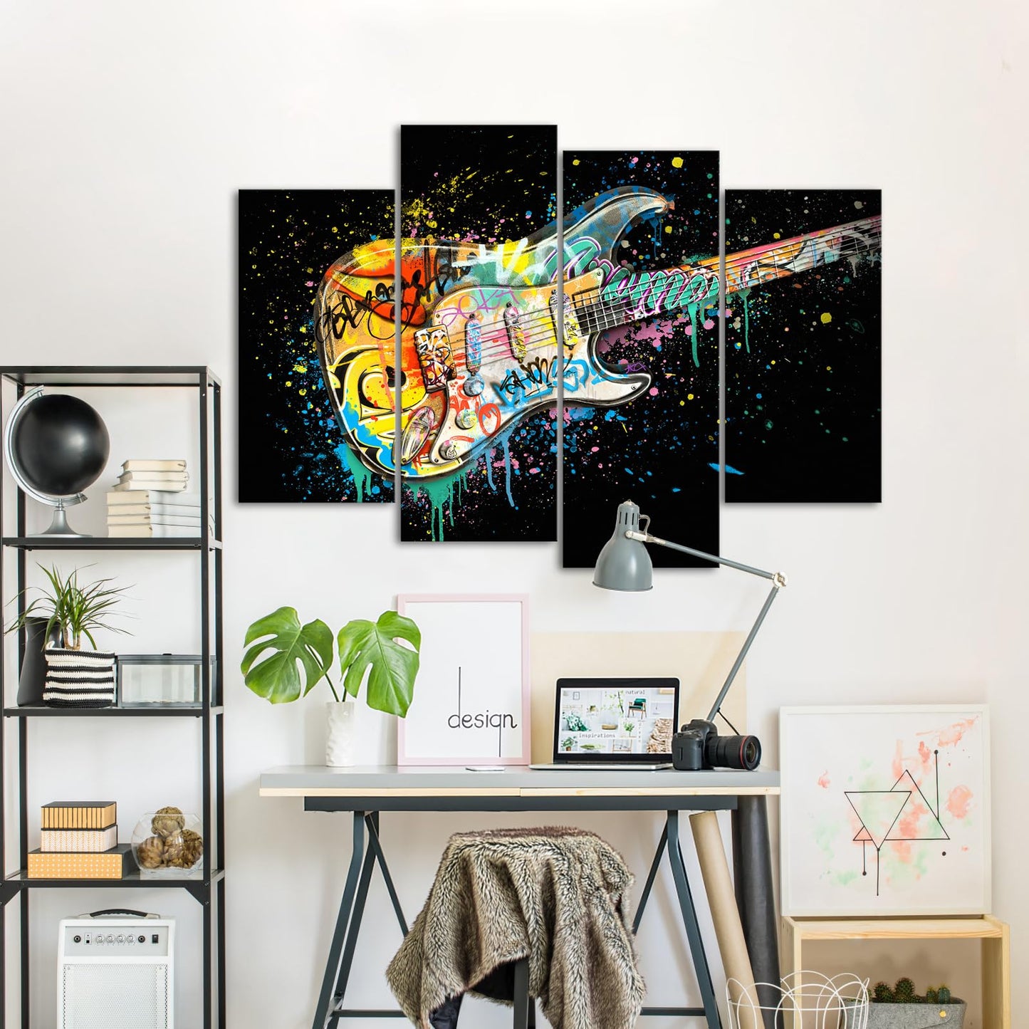 HOMEOART Music Decor Graffiti Guitar Painting Pictures Music Wall Art Framed Artwork Large 4 Pieces (Total is 48x34inch) (Black)