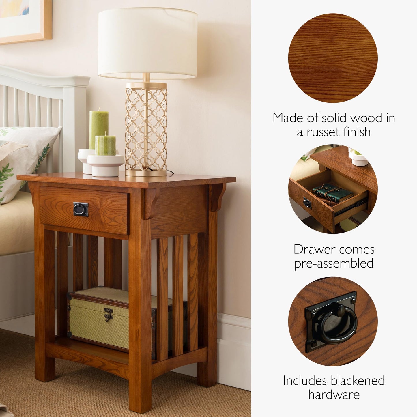 Leick Home 8222 Mission Impeccable End Table with Drawer, Made with Solid Wood, Side Table for Living Room, Bedroom, Medium Oak Finish Nightstand Table