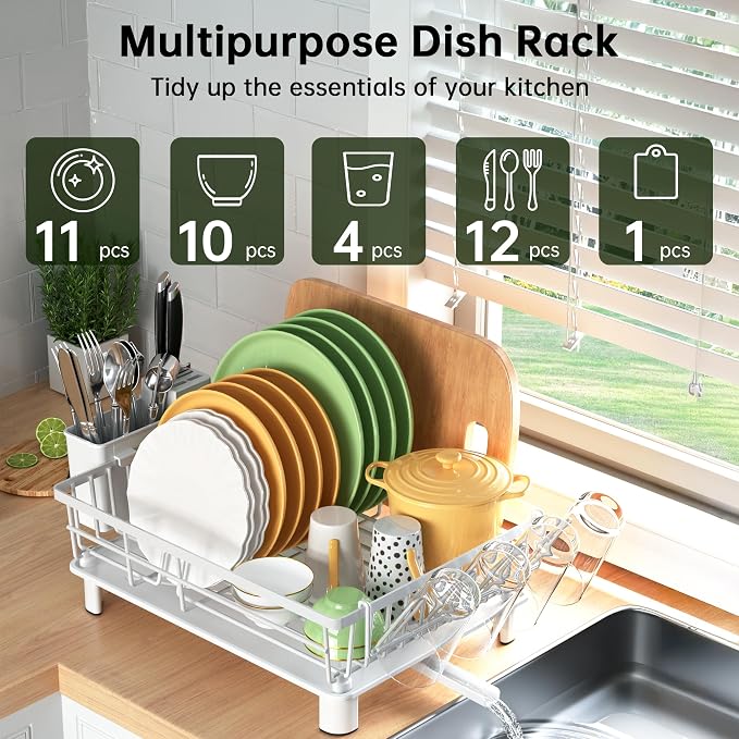 Dish Drying Rack, Dish Racks for Kitchen Counter, Detachable Dish Drainer with Drainboard, Utensil Holder, Cup Holder, Space Saving Kitchen Drying Rack for Small Home and Appartment, White