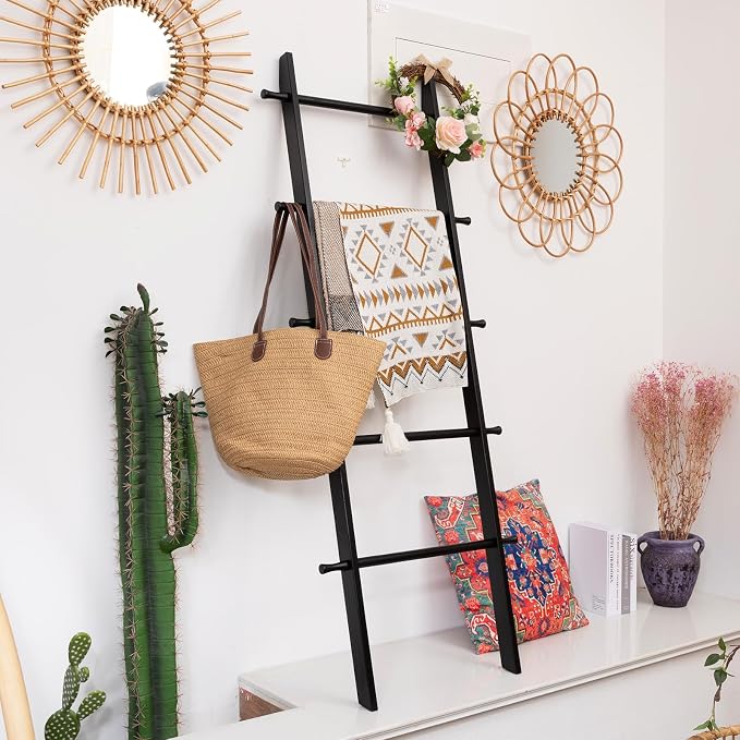 5-Tier Blanket Ladder – 4.8 Ft Wall Leaning Quilt Rack, Farmhouse Blanket Storage for Living Room, Bedroom & Bathroom – Rustic Decorative Wooden Towel & Quilt Holder, Easy to Assemble