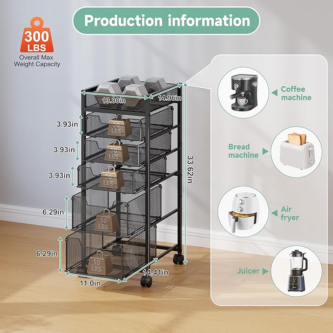 keomaisyto 6-Tier Kitchen Storage Cart with Top Basket & Drawers, Utility Fruit Vegetable Storage Rack on Lockable Wheels, Metal Rolling Snack Cart, Kitchen Organization for Potatoe Onion Can Spice