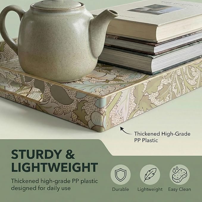 William Morris-Style Serving Tray with Handles - 15.7" x 11.8" Floral Pattern Decorative Platter for Coffee Table, Ottoman & Breakfast in Bed - Sturdy Plastic Rectangular Tray