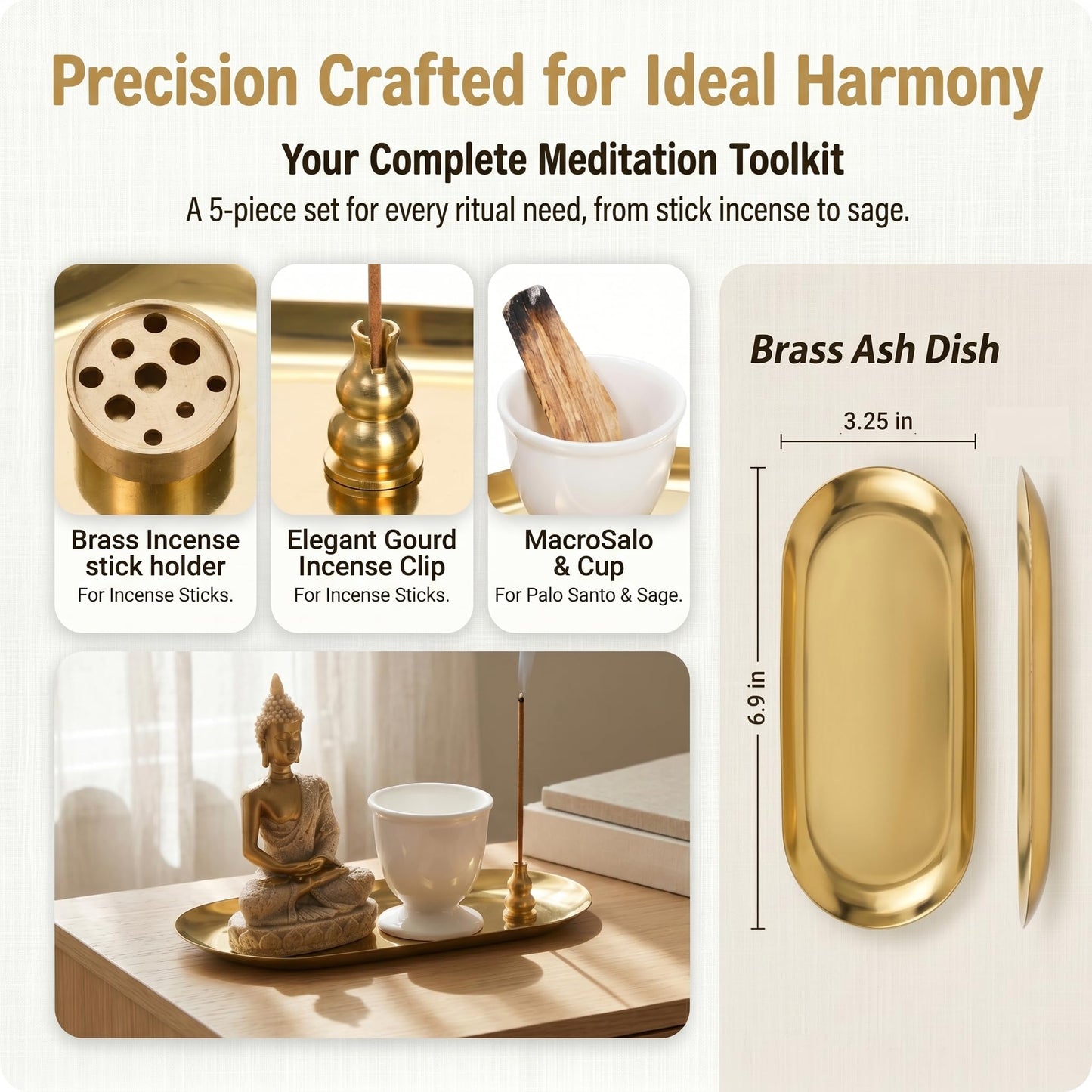 TOPZEA 6 in 1 Brass Incense Burner Holder, Palo Santo & Sage Sticks Holder, Ash Catcher Tray with Buddha Statue for Coil Incense, Incense Cone & Stick, Meditation Accessories, Yoga Room Decor
