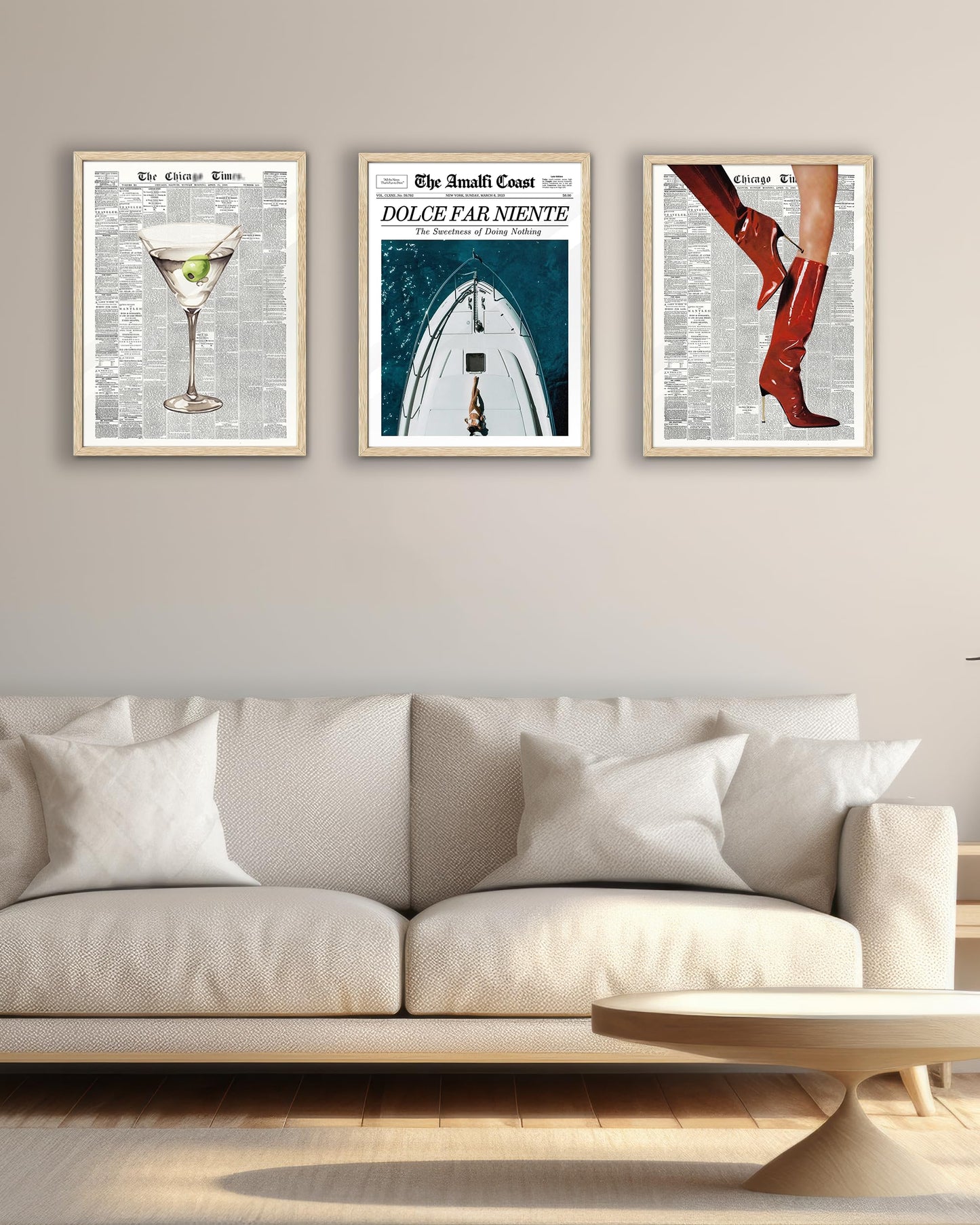 EcoHest Trendy Newspaper Martini Framed Wall Art, 12x16 in OAK Wood Retro Bar Cart Canvas Art, Magazine Aesthetic Apartment Art, Beige Logs Funky 70's Set of 1 for Bedroom Living Room