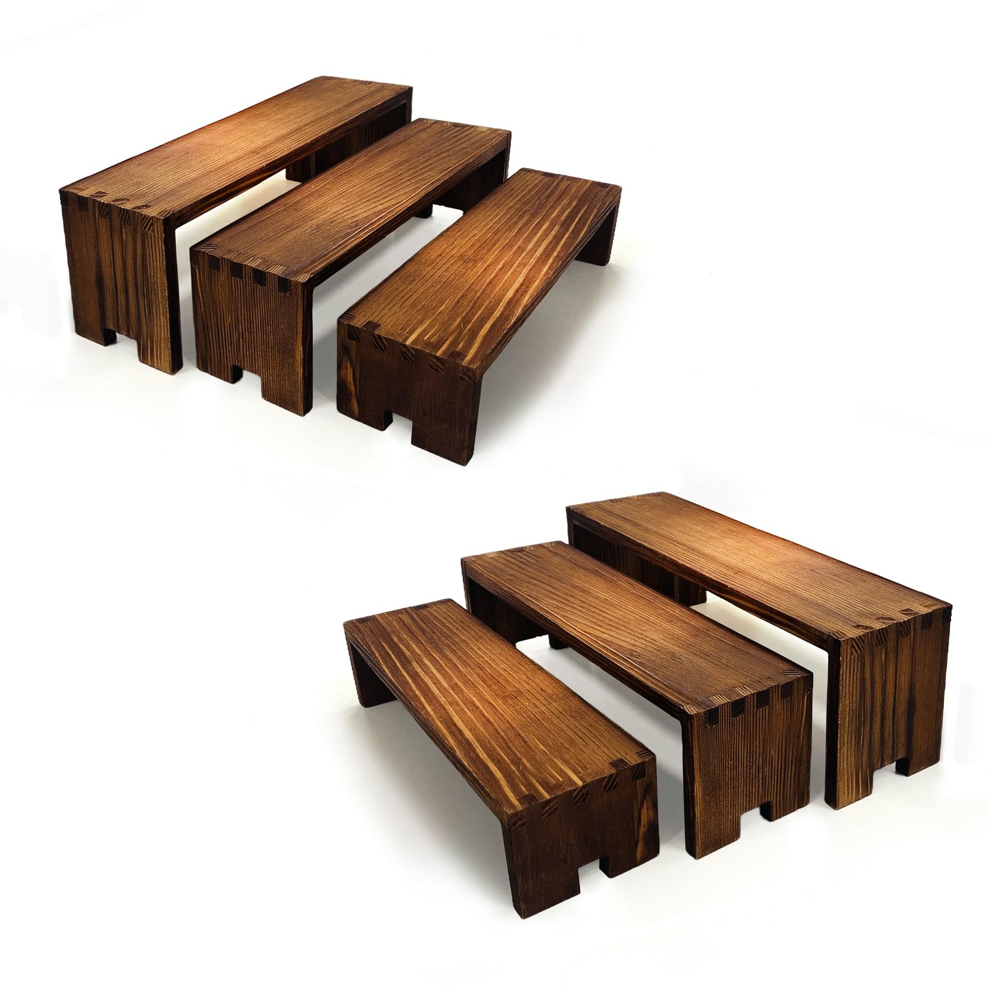 Yikaroeli 2 Set Wood Display Risers Small Wooden Stand for Display Cupcake Stands 9.4"-7.8" Graduated Sizes 3 Tiered 6Pcs Dessert Display Stands for Vendor Events (Brown)