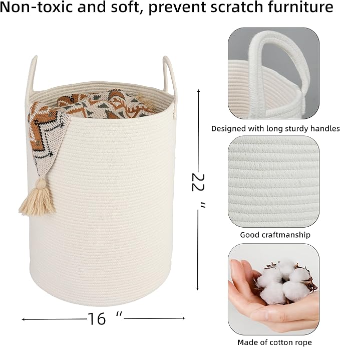 XUANGUO Cotton Rope Laundry Basket Hamper for Clothes Woven Storage Basket for Living Room Bedroom Boho Tall Rope Baskets for Blanket Toys Pillow Towels Baby Nursery Hamper Bin Large white