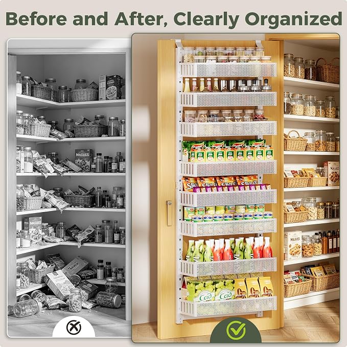POKIPO 8-Tier Over the Door Pantry Organizer, 2 IN 1 Wall Mount or Hanging Spice Rack with Adjustable Raised Basket, Heavy Duty Back of Door Storage for Kitchen Bathroom Laundry Room