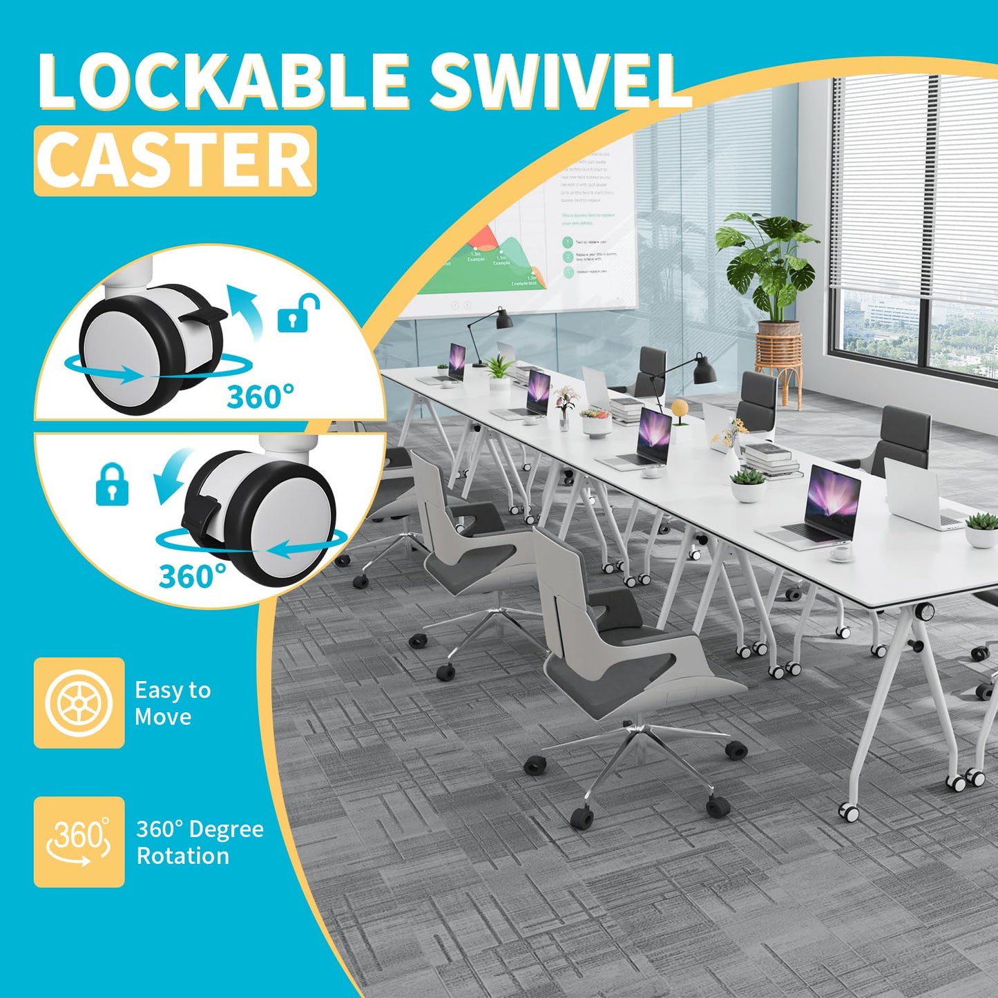 Conference Table with Wheels, Folding Conference Table with Knob & 4 Brake Casters, Modular Flip Top Mobile Conference Room Table for Office, Meeting, Training Room, Class (4, White, 55.1in)