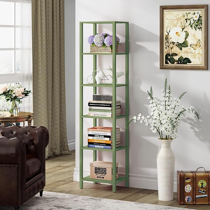 TUTOTAK Bookshelf, 6-Tier Tall Book Shelf, Narrow Bookcase for Small Space, DIY Stackable Bookshelf, for Living Room, Office, Study, Entryway, Industrial, Olive Green BS01BOG006