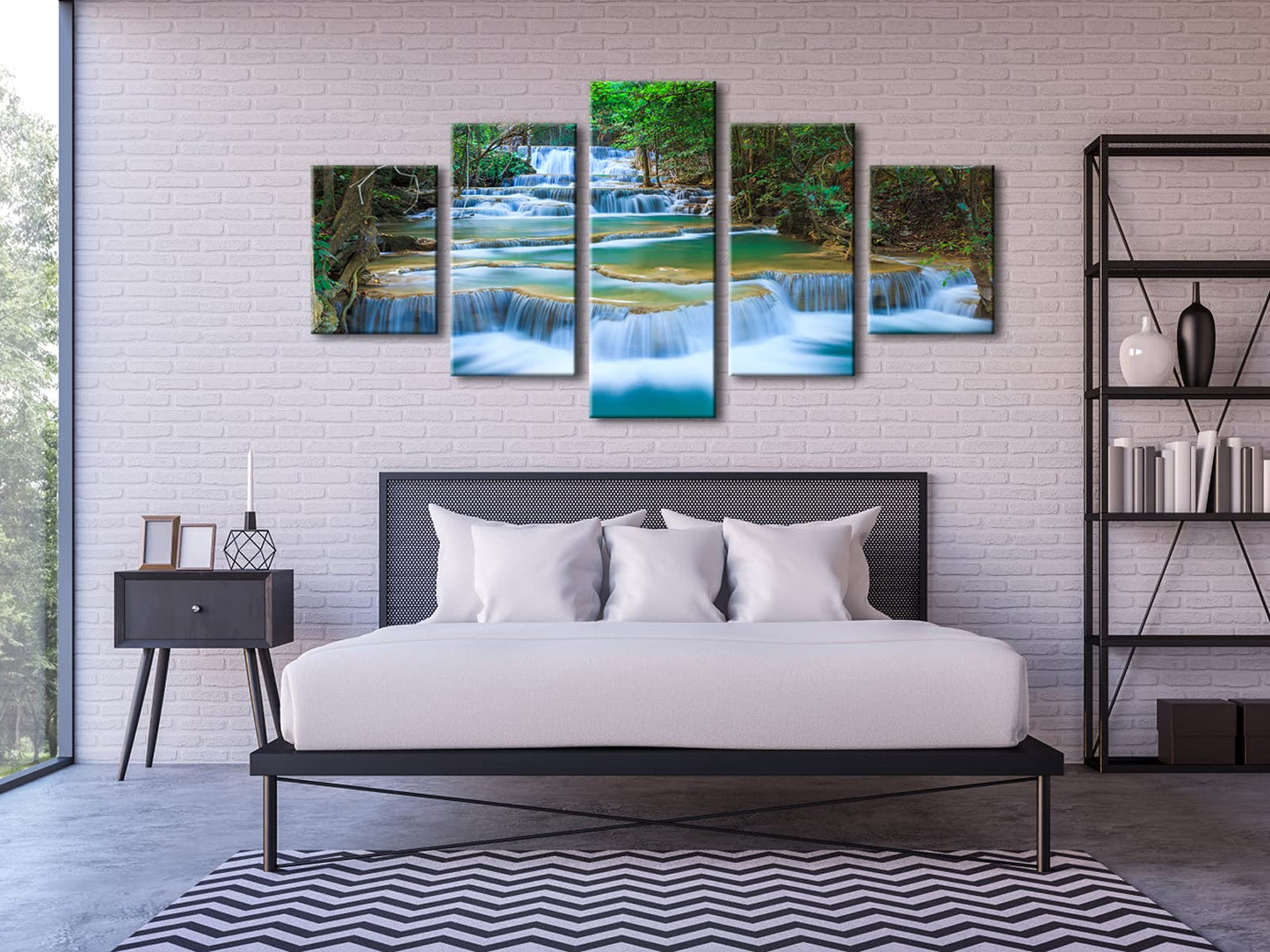 Wieco Art Peaceful Waterfall 5 Panels Large Canvas Paintings Wall Art Modern Gallery Wrapped Landscape Forest Giclee Canvas Print Artwork Photo Pictures for Living Room Bedroom Home Decorations L