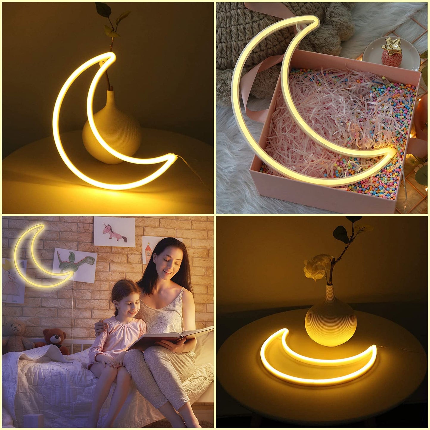 LED Warm White Moon Neon Light, Cute Neon Moon Sign,Christmas Room Decor Battery or USB Powered 5V Art LED Decorative Lights Night Lights Indoor for Home, Bedroom, Office,Dorm,Party (Warm White Moon)