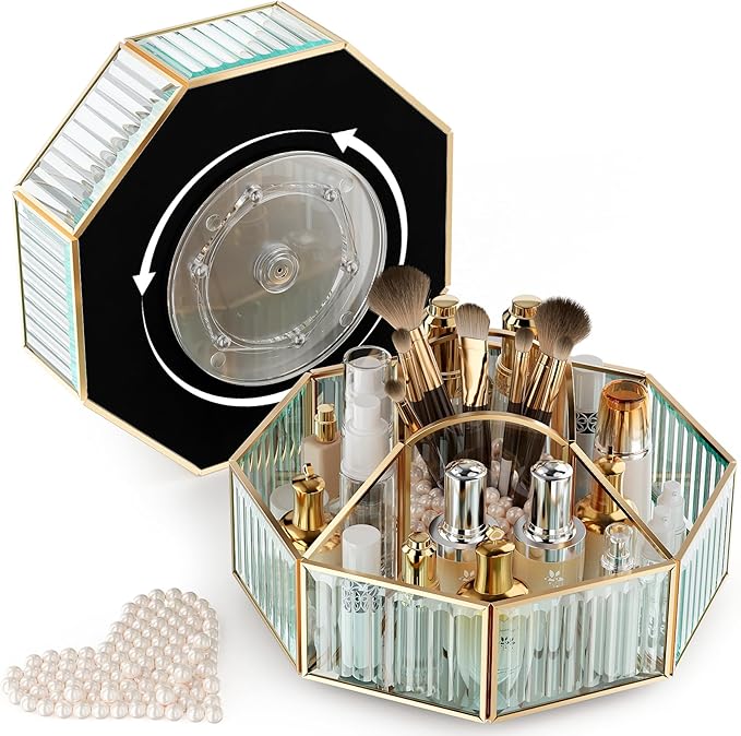CoralHouse 360° Rotating Makeup Organizer Spinning Vanity Organizer with Makeup Brush Holder for Countertop, Bathroom Storage, Skincare, Perfume & Cosmetic Organizer for Vanity