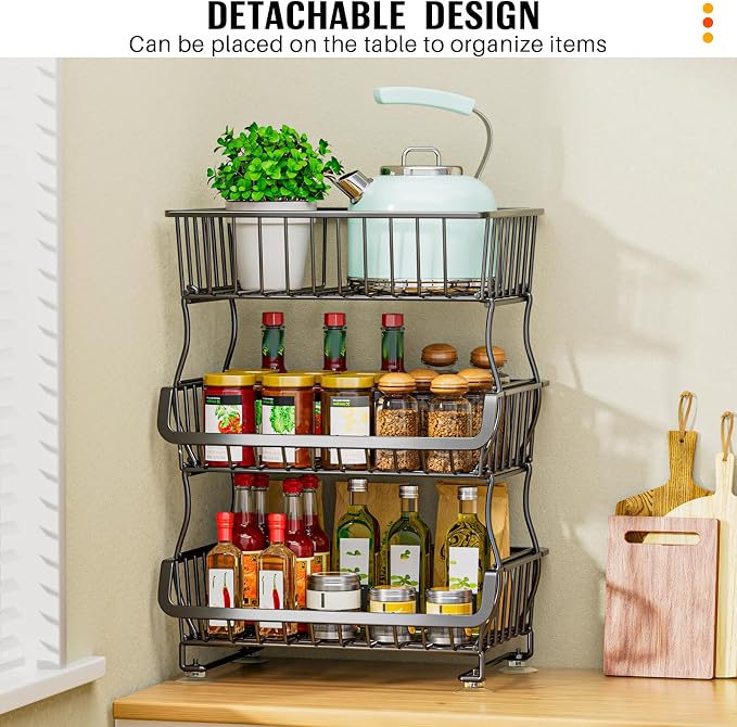 Gsiekare 3-Tier Rolling Pantry Organizer and Storage Cart with Wheels – Stackable Wire Snack Cart for Kitchen, Pantry Shelves and Storage Rack for Fruit, Vegetables, Onion, Potato (1 Pack)