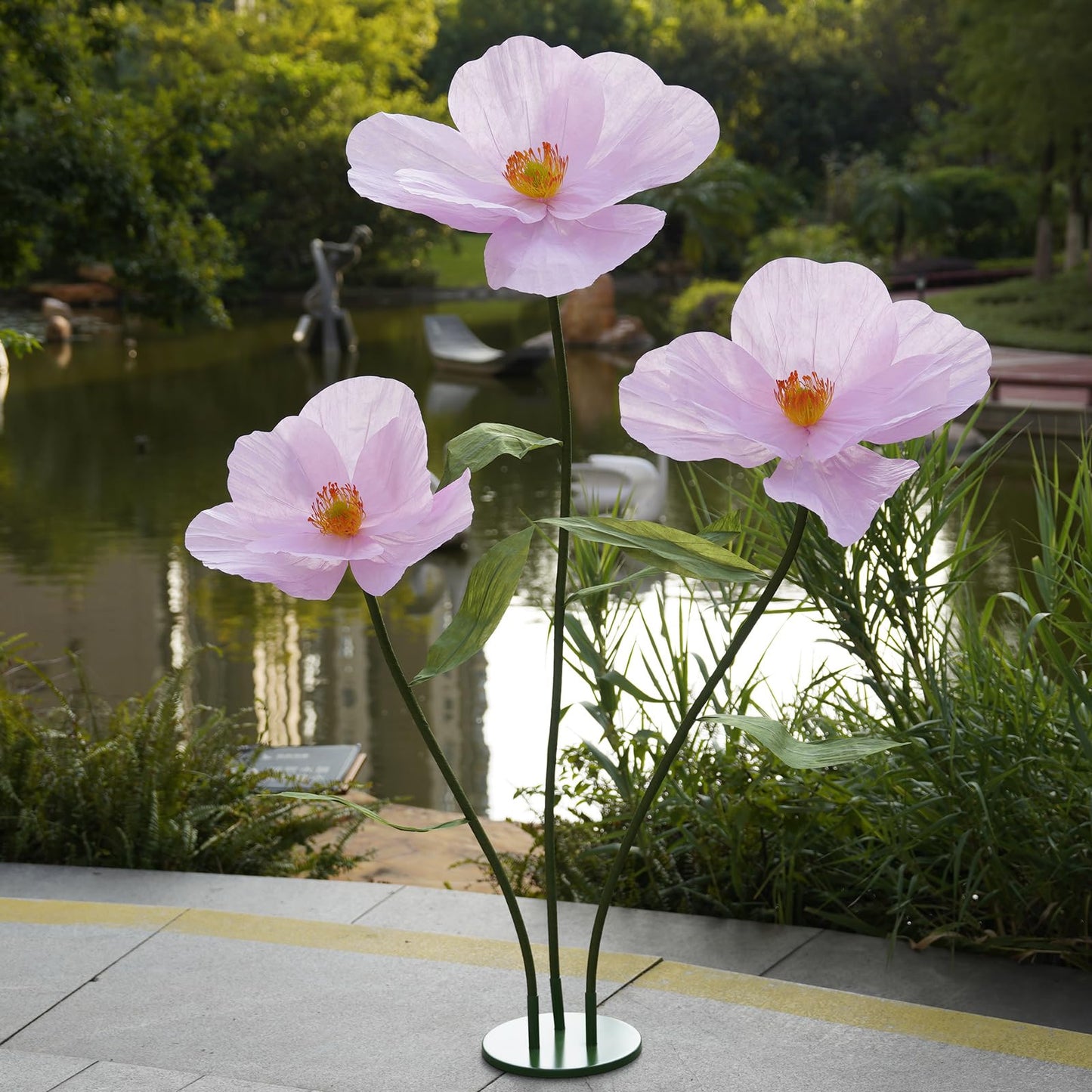ZEYEXE Large Paper Artificial Flowers,Giant Flowers for Decoration,Huge Handcrafted Poppy Fake Flowers with Stand for Home Decor Bridal Shower Party Outdoors Yard Event Backdrop Decor (Pink)