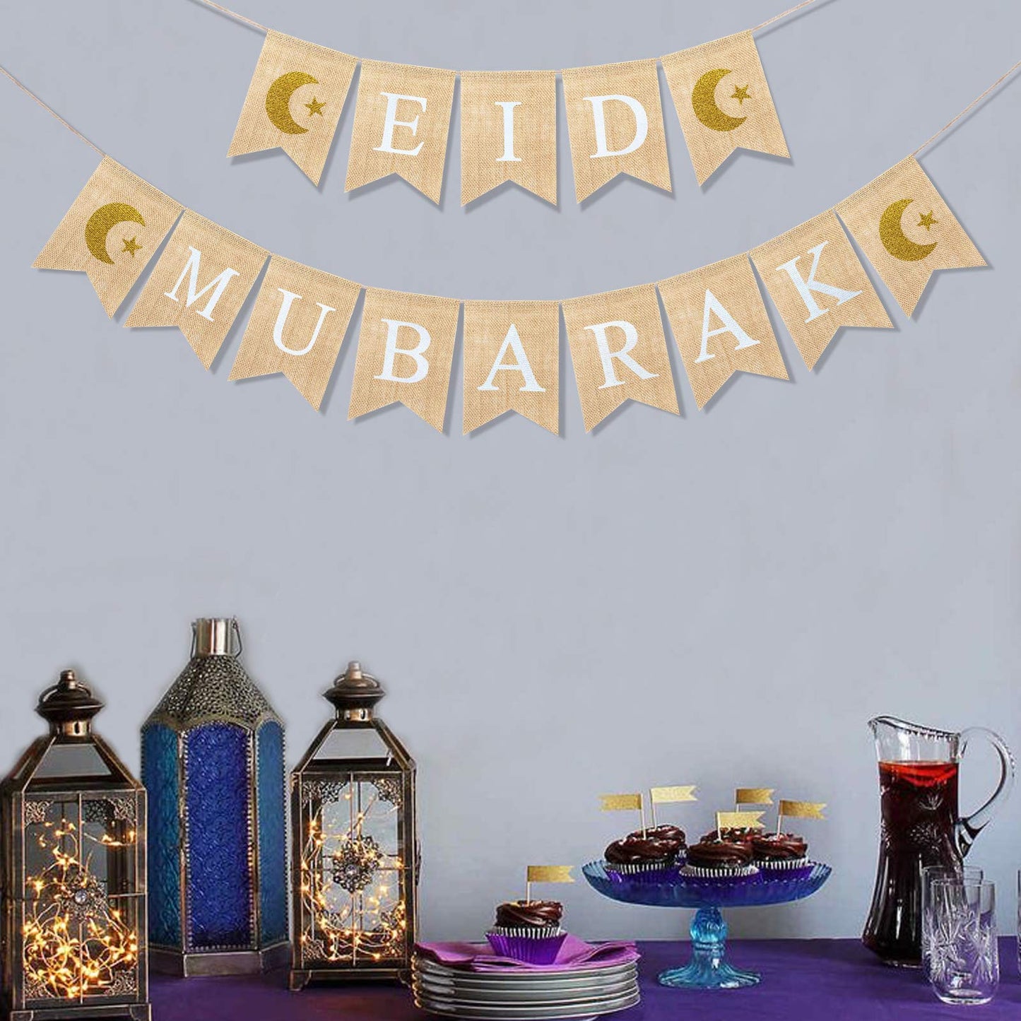 Uniwish Eid Mubarak Banner Burlap Eid Mubarak Decorations for Home Mantel Fireplace Decor Rustic Ramadan Moon Star Hanging Bunting