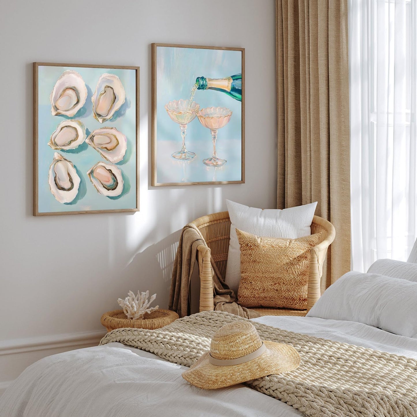 2Pcs Oyster Shell Wall Art Funky Bar Cart Cocktail Wall Decor Pictures Pastel Blue Wine Champagne Posters Print Girly Coastal Aesthetic Beach House Apartments Decoration Unframed 16x24in
