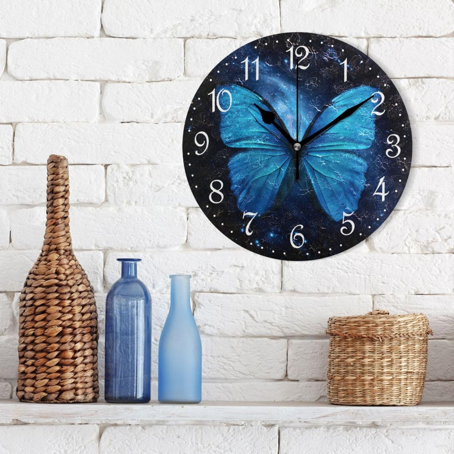 ALAZA Stylish 3D Blue Butterfly Round Wall Clock Battery Operated Quartz Galaxy Quiet Home Kitchen Decor Wall Clocks 10 Inch
