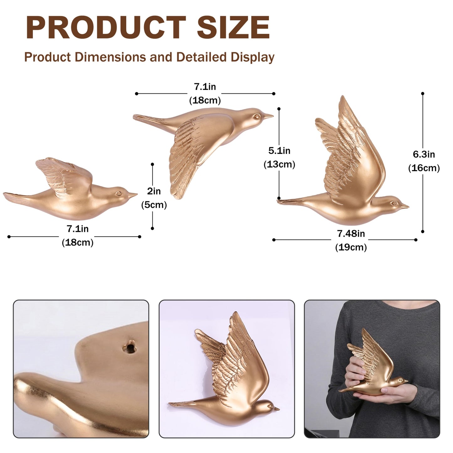 suruim Bird Wall Sculptures Set of 3-3D Wall Art Decor for Living Room, Home Decor Modern Golden Wall Decor & Bird Gallery Wall Art (Gold)