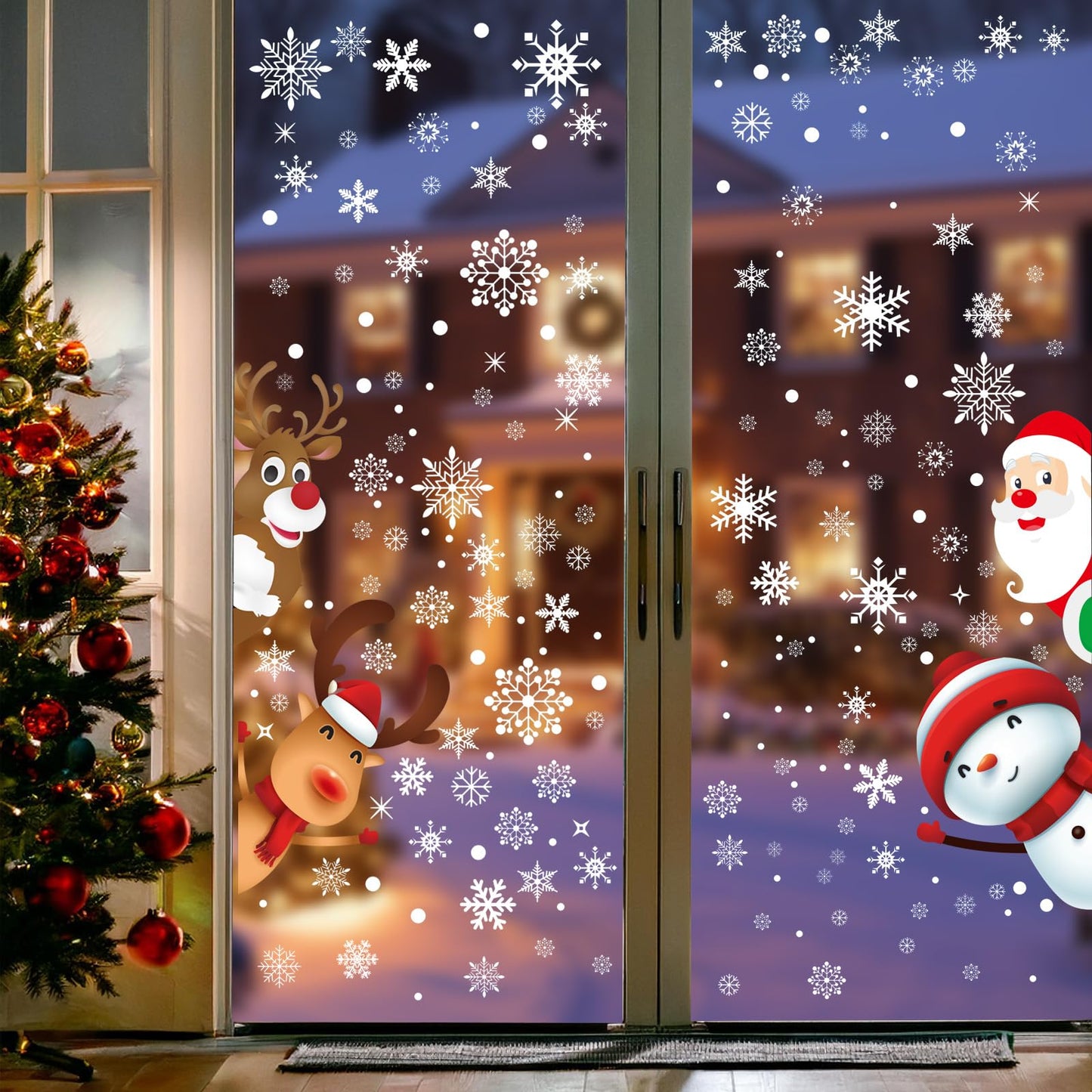 322Pcs Christmas Window Clings Xmas Snowflakes Decorations Santa Claus Reindeer Snowman Snowflake Xmas Decals Stickers for Glass Winter Holiday Home Party