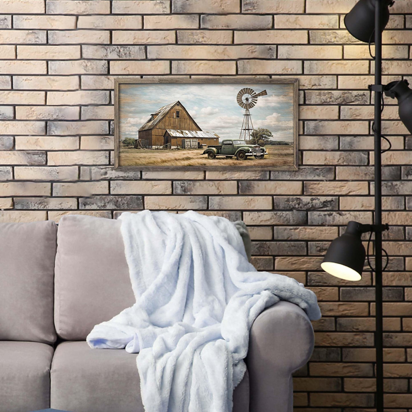 Farmhouse Barn Wood Wall Art: Framed Rustic Farm House Windmill Retro Truck Countryside Old Car Landscape Prints Picture Decor for Bedroom Bathroom Home Office 24" x 12"