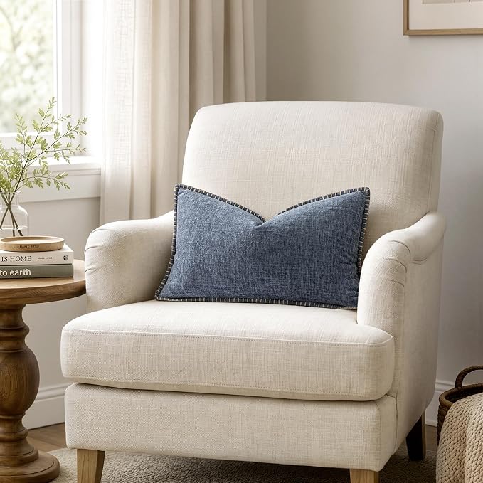 MIULEE Pack of 2 Lumbar Throw Pillow Covers 12x20 Inch Dark Grey Blue Farmhouse Decorative Pillow Covers with Stitched Edge Soft Chenille Solid Dyed Pillow Covers for Couch Sofa Bed Living Room