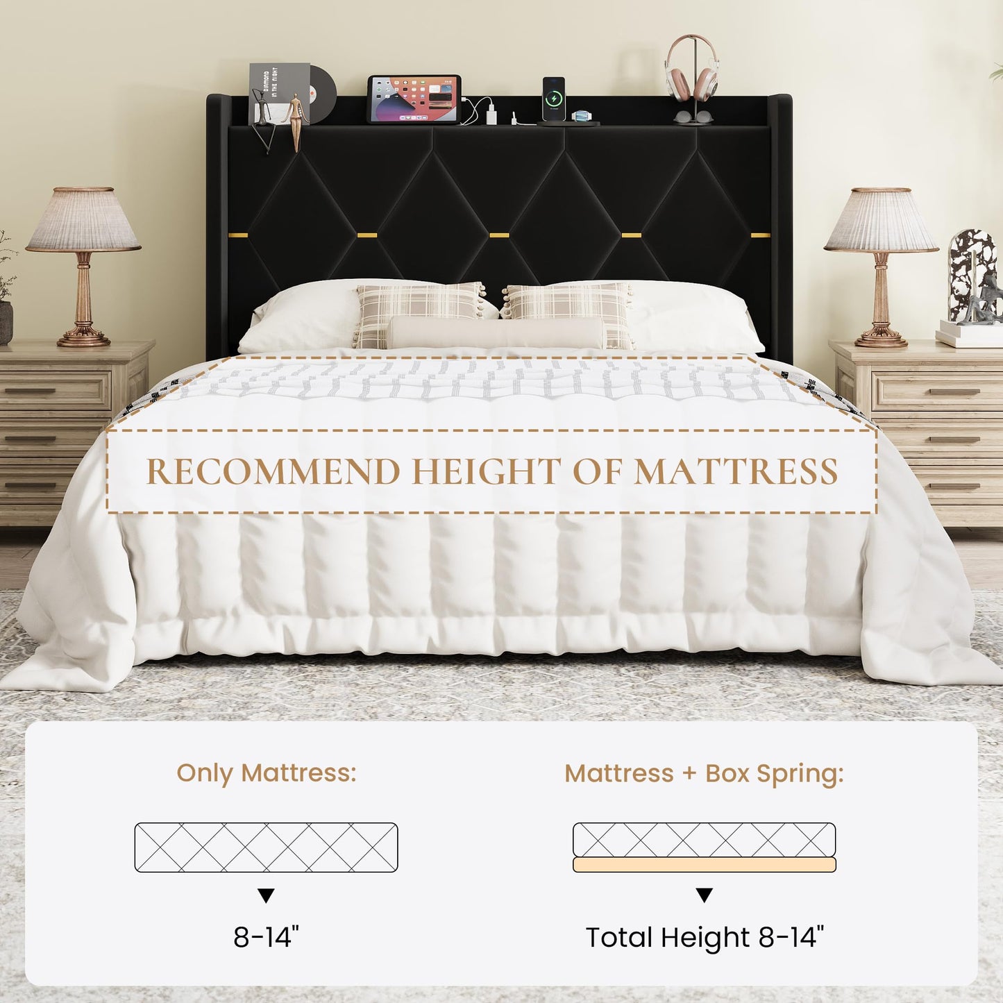 SHA CERLIN Queen Velvet Upholstered Bed Frame with Charging Station, Modern Wingback Storage Headboard, Diamond Stitched & Gold Trim, No Box Spring Needed, Easy Assembly, Black