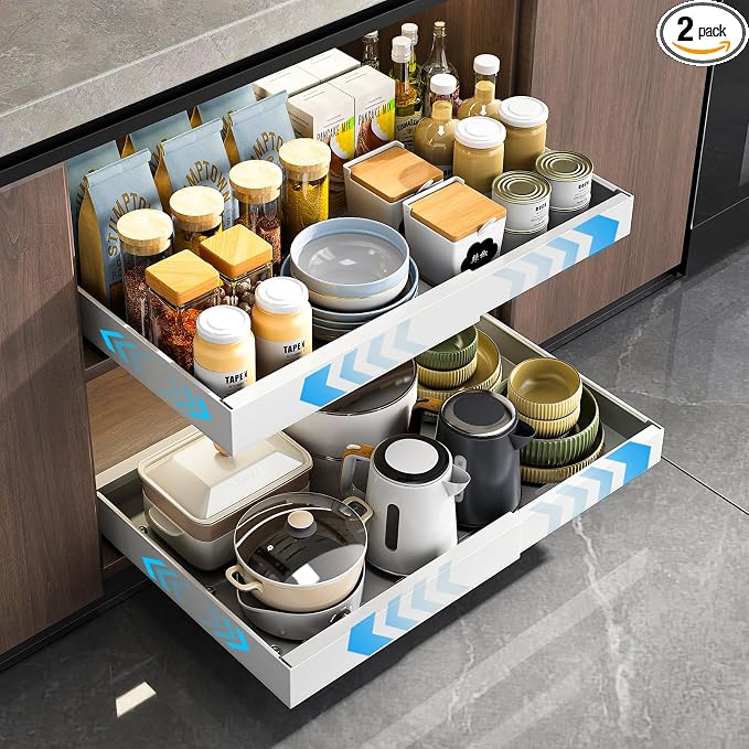 Mustorn 2 Pack Pull Out Cabinet Organizer, Expandable Slide Out Drawers for Kitchen Cabinets Peel and Stick Pullout Drawer Heavy Duty Sliding Shelves for Cupboard, Pantry, Bathroom(16.5" Deep, White)