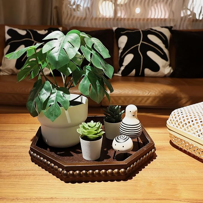 Hrastany Retro Brown Octagonal Wood Decorative Tray, Small Farmhouse Wooden Serving Tray with Beads, Versatile Coffee Table Tray for Kitchen Counter, Ottoman, Living Room