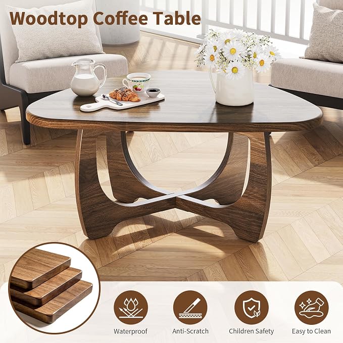 Coffee Table for Living Room - Mid Century Modern Coffee Tables with Triangle Top, Unique Small Round Coffee Table, Wood Oval Tea Table with Solid Legs for Bedroom, 35.8"x 22.5" x 16.2" Walnut