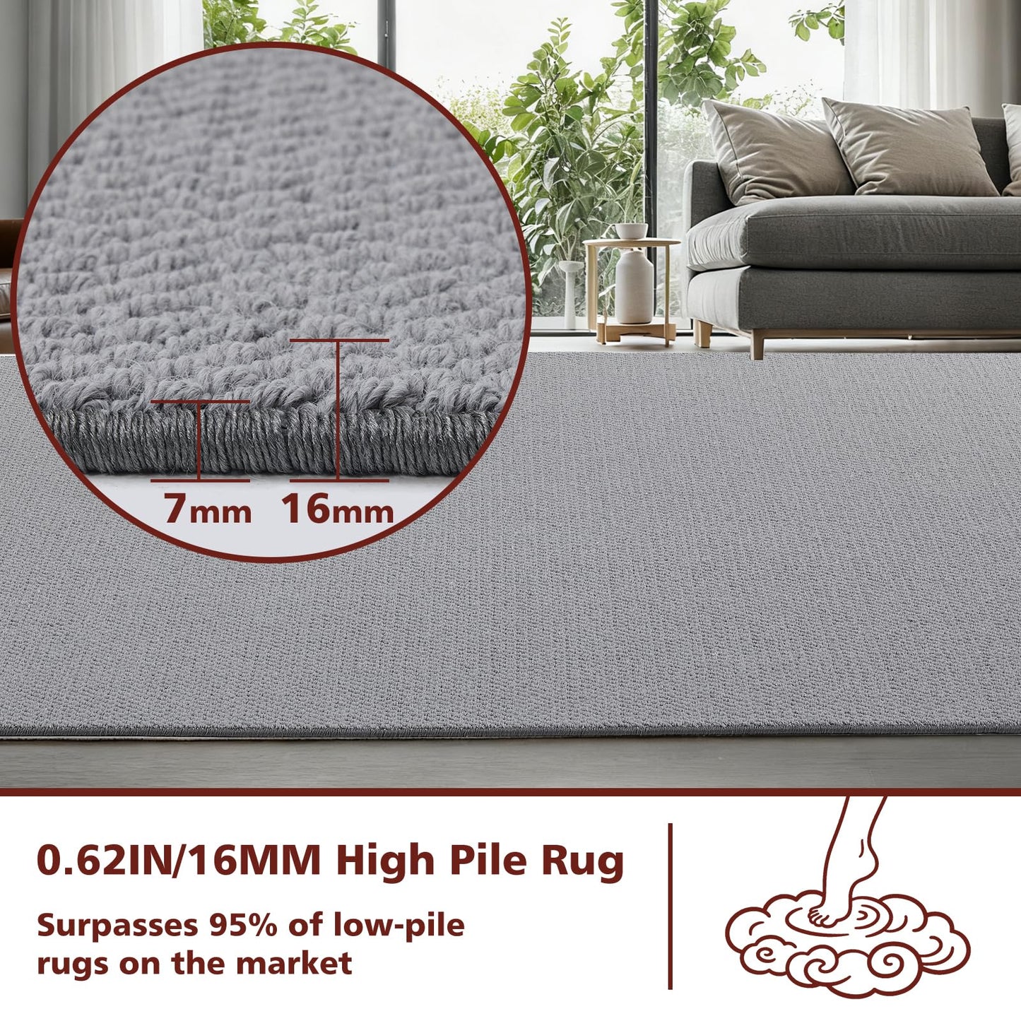 ANSSO Wool Rugs 8x10 for Living Room,80% Merino Wool and 20% Cotton Soft Tufted Area Rug with Cotton Non-Slip Backing,Large Area Rug for Bedroom Bedroom, Dining and Home Office (Dark Gray)