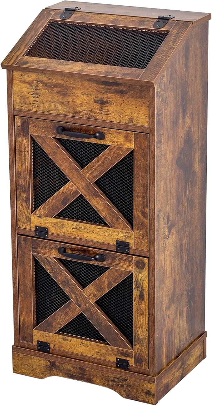 Potato Storage Bin Wooden Bread Box, Mid Century Modern Vegetable Storage Box with Lid, Farmhouse Potato and Onion Storage Cabinet for Kitchen,Brown
