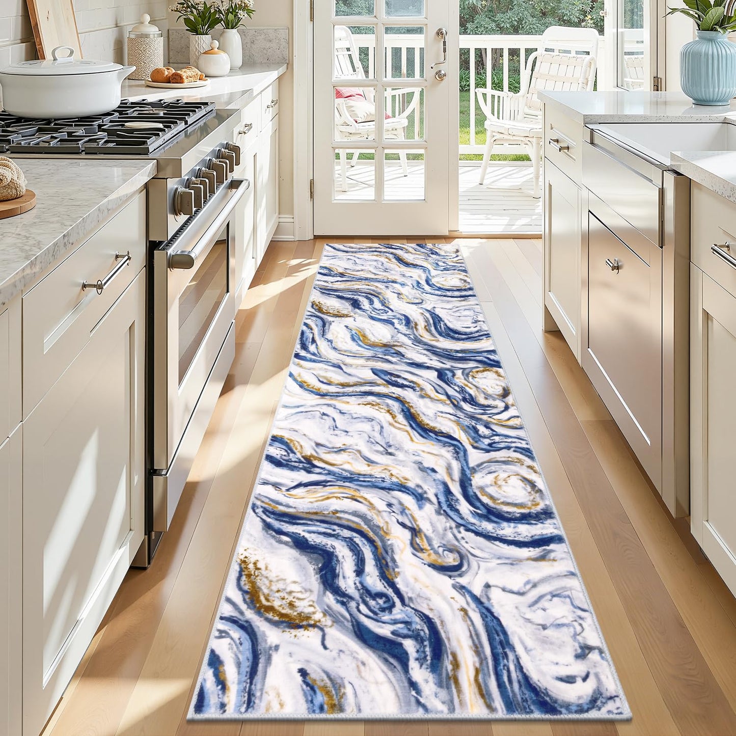 Yamaziot 2x8 Washable Runner Rug for Kitchen Hallways, Modern Abstract Non-Slip Rug with Rubber Backing, Stain Resistant & Low Pile Carpet Runner for Bedroom, Laundry, Entrance,Blue