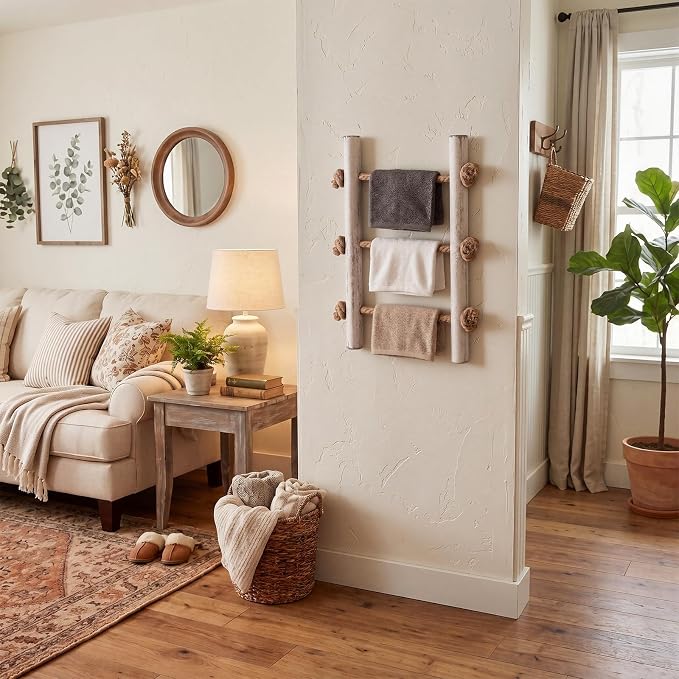 Junkin Ladder Rustic Hand Towel Holder Whitewashed Solid Wood and Rope Farmhouse Bathroom Decor Small Blanket Ladder Wall Mounted Towel Rack for Home Bathroom Decor
