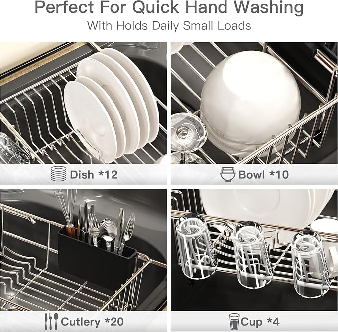 MAJALiS Dish Drying Rack Over The Sink with Utensil Holder, Drainboard | Expandable Stainless Steel Dish Drainer for Small Kitchen, Apartment, RV, Counter Space Saving, Perfect Fit, Rustproof