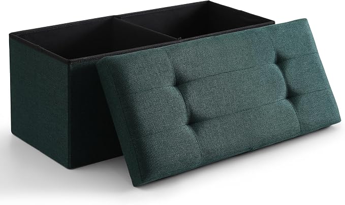 Storage Ottoman Bench Foldable Seat Footrest Shoe Bench End of Bed Storage with Flipping Lid, 75L Storage Space, 30 inches Linen Fabric Emerald, OT026DGN