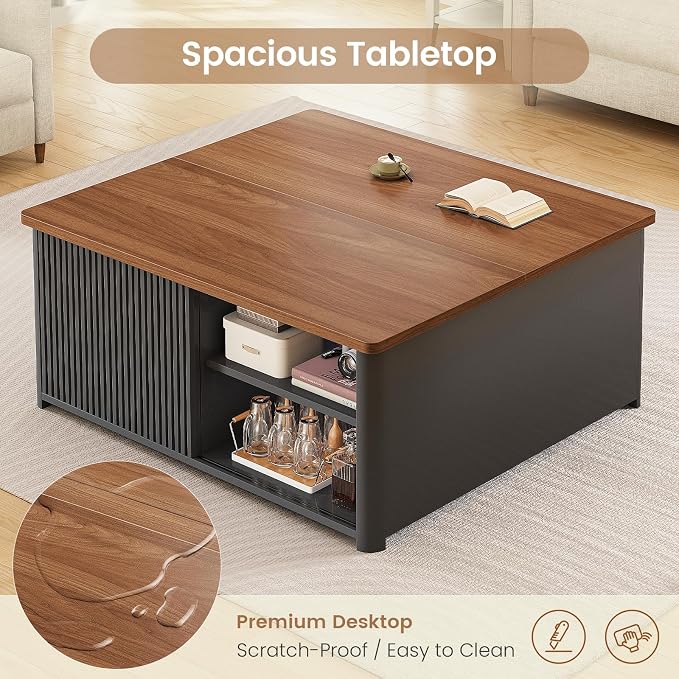 SEDETA 31.5" Lift Top Coffee Table with Storage, Square Coffee Tables for Living Room, Fluted Coffee Table with Large Hidden Storage Compartment and Adjustable Shelves, Fluted Black