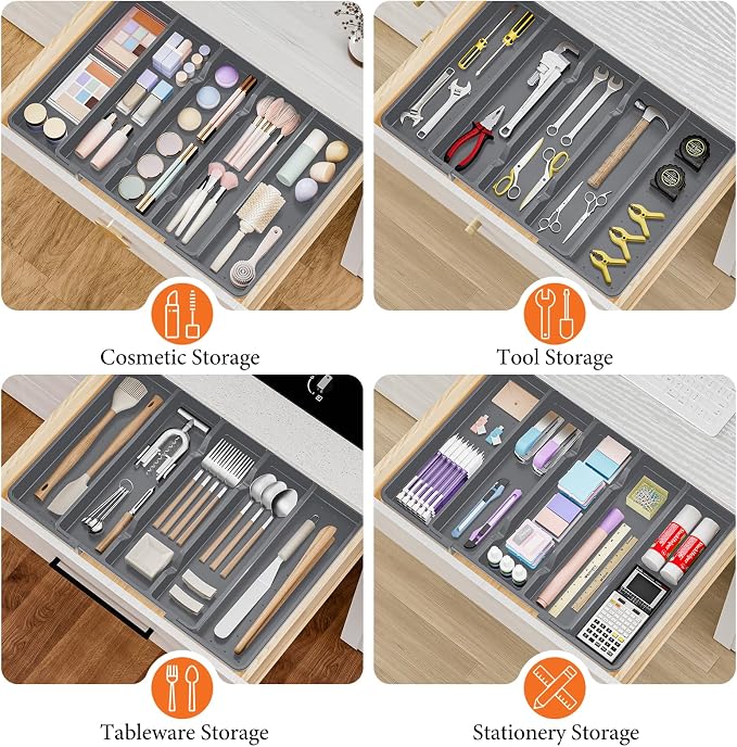 Silverware Organizer, Expandable Utensil Drawer Organizer for Kitchen Drawers, Kitchen Drawer Organizer for Spoons/Forks/Knives, Multipurpose & BPA Free Cutlery Tray, Grey, 1 Pack