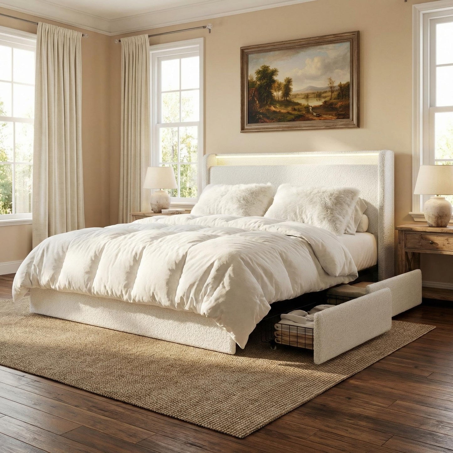 GarveeHome Boucle Queen Size Bed Frame, Cloud Cream Platform Bed Frame with 4 Storage Drawer and Upholstered Headboard, Soft Boucle Fabric, No Box Spring Required, Easy Assembly, White