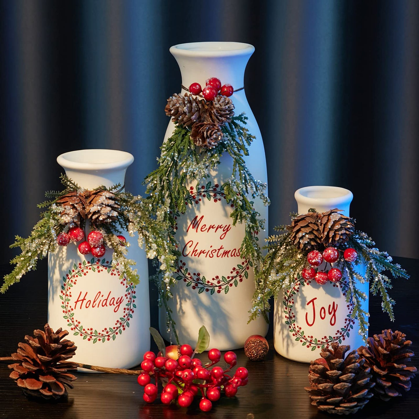 Wortour Artificial Christmas 3-Piece Set Flocked with Mixed Xmas Decorations Ceramic White Bottles
