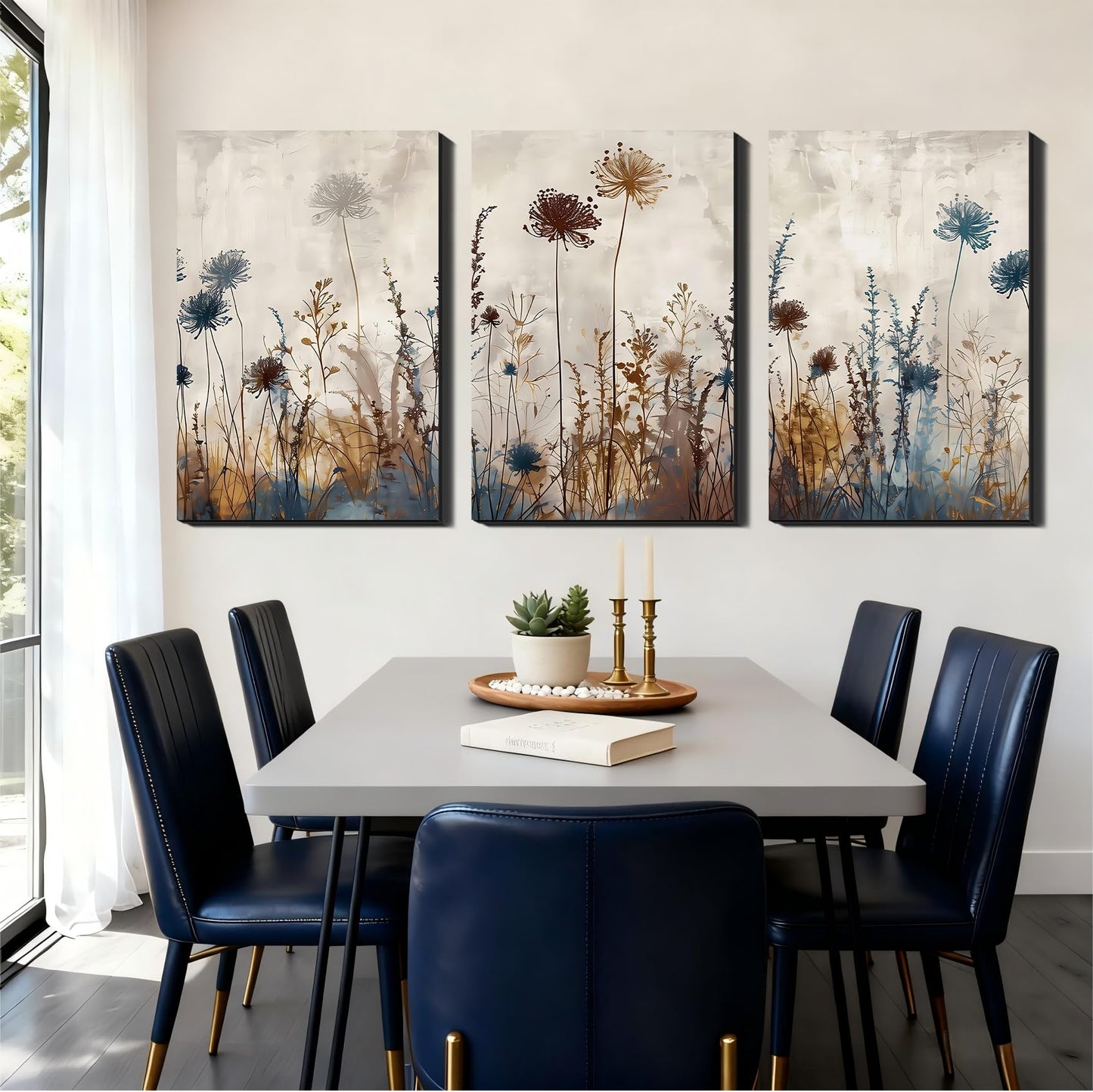 Framed Triptych Floral Canvas Prints Pictures for Bathroom Entryway, Abstract Neutral Wildflower Poster Wall Art, Minimalist Wall Decor, Made in USA for Office Living Room
