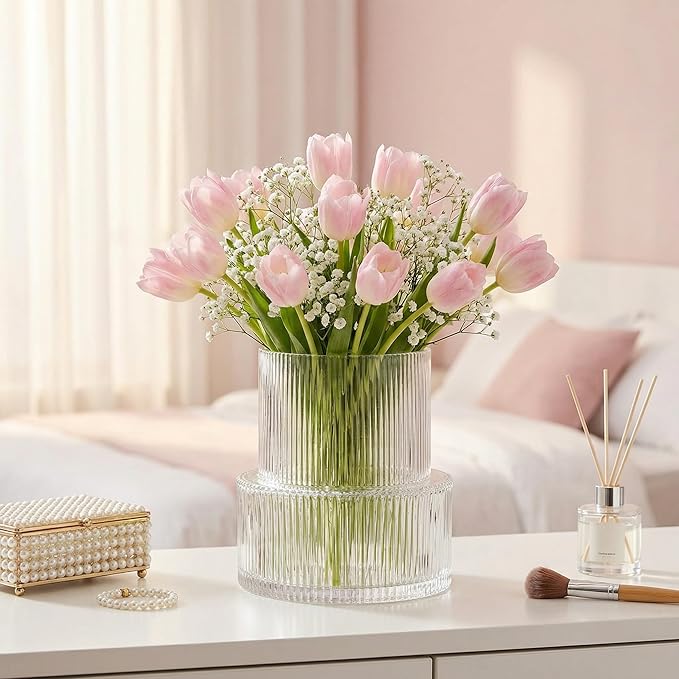 Ribbed Glass Vase, Flower Vase, Fluted Clear Vases for Flowers, Modern Vases for Living Room, Dining Table, Entryway, Shelf, Wedding, Office, Coffee Table, Birthday, 7.5 Inches