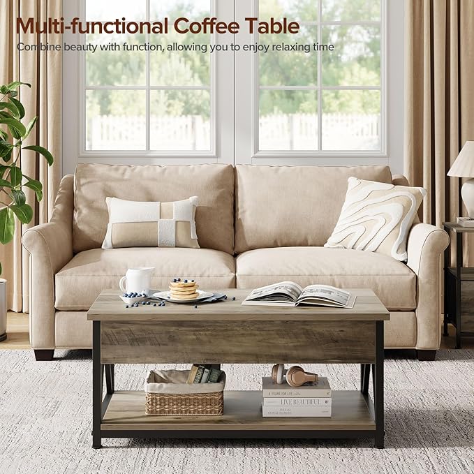 Memobarco Lift Top Coffee Table,Lift Coffee Table with Storage Shelf and Large Hidden Compartment for Living Room,Lifting top Coffee Tables for Small Space,Grey