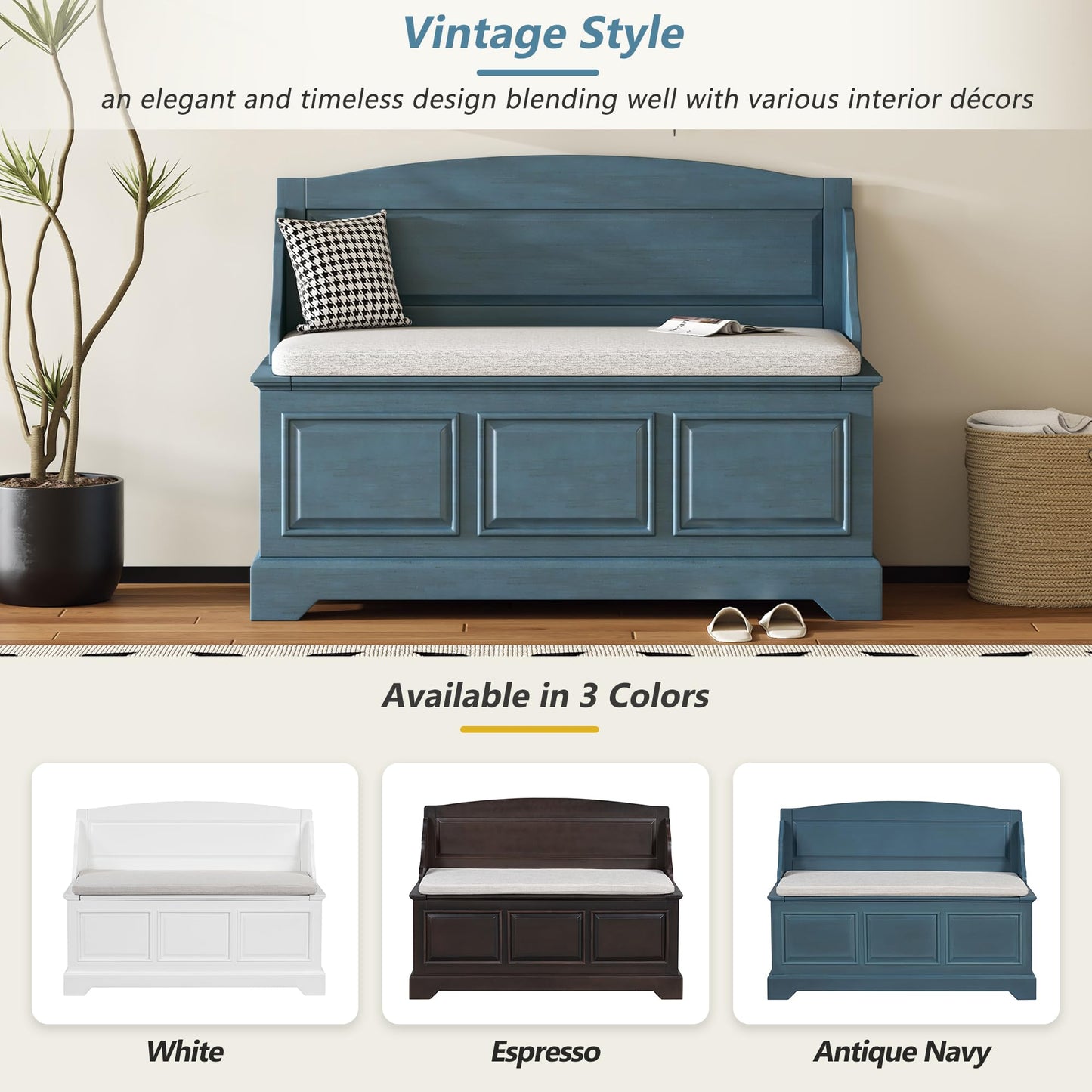 Knocbel Rustic Entry Storage Bench with Hidden Compartments and Removable Cushion, Wooden Entryway Hallway Foyer Shoe Bench Bedroom End of Bed Bench (Antique Navy and Beige)