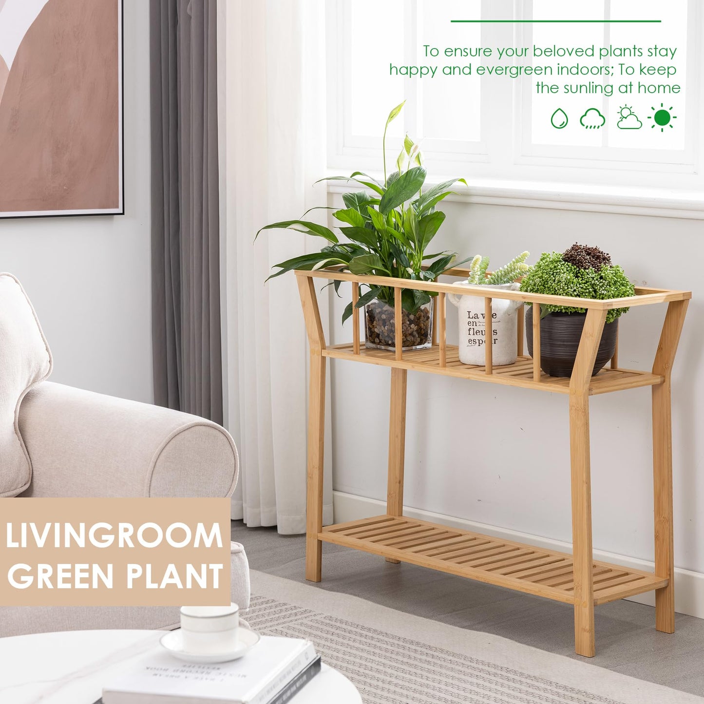 Nnewvante Bamboo Plant Stand Indoor 37.4"x11" 2 Tier Tall Plant Table Shelf Flower Pot Organizer Holder, Sofa Entryway Table for Window-sill Living Room Balcony