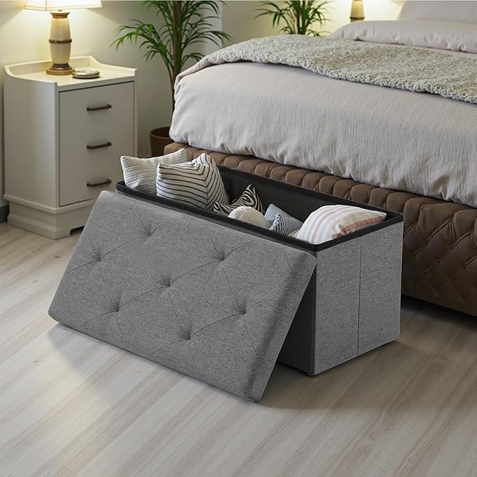 Sweetcrispy 30 Inch Folding Storage Ottoman Bench, Large Hidden Storage Chest with Padded Seat, Foot Rest Stool Supports Up to 660Lbs, End of Bed Bench for Bedroom, Living Room, Linen Fabric, Grey