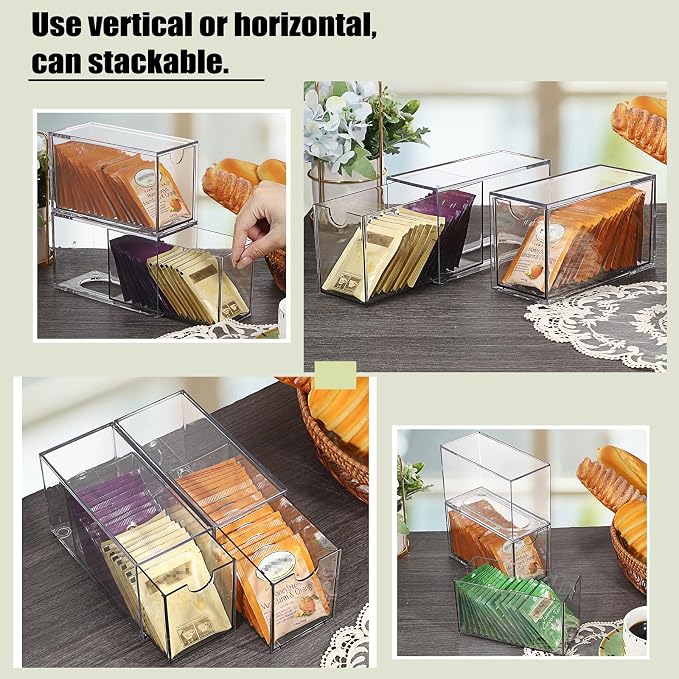 ELLDOO 2 Drawers Tea Bag Organizer, Clear Acrylic Stackable Tea Bag Storage Holder for Kitchen Pantry, Coffee Pod Snack Storage for Countertop Cabinet