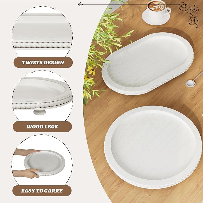 Urban Deco Wooden Tiered Tray, Oval and Round Tray Set of 2, Farmhouse Vintage Decorative Tray Stand for Coffee Table, White Serving Tray for Living Room Kitchen Home Decor - 1 Set