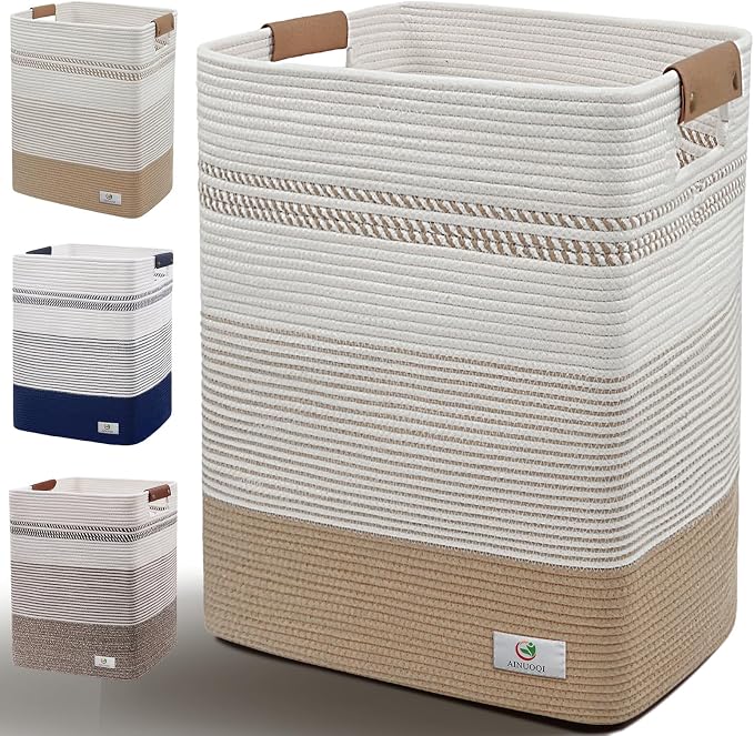Large Laundry Hamper Basket, 85L Cotton Rope Woven Storage Bin for Blankets, Dirty Clothes Toys, Decorative Tall Basket with Leather Handles for Living Room, Bedroom, Bathroom, Nursery, Jute